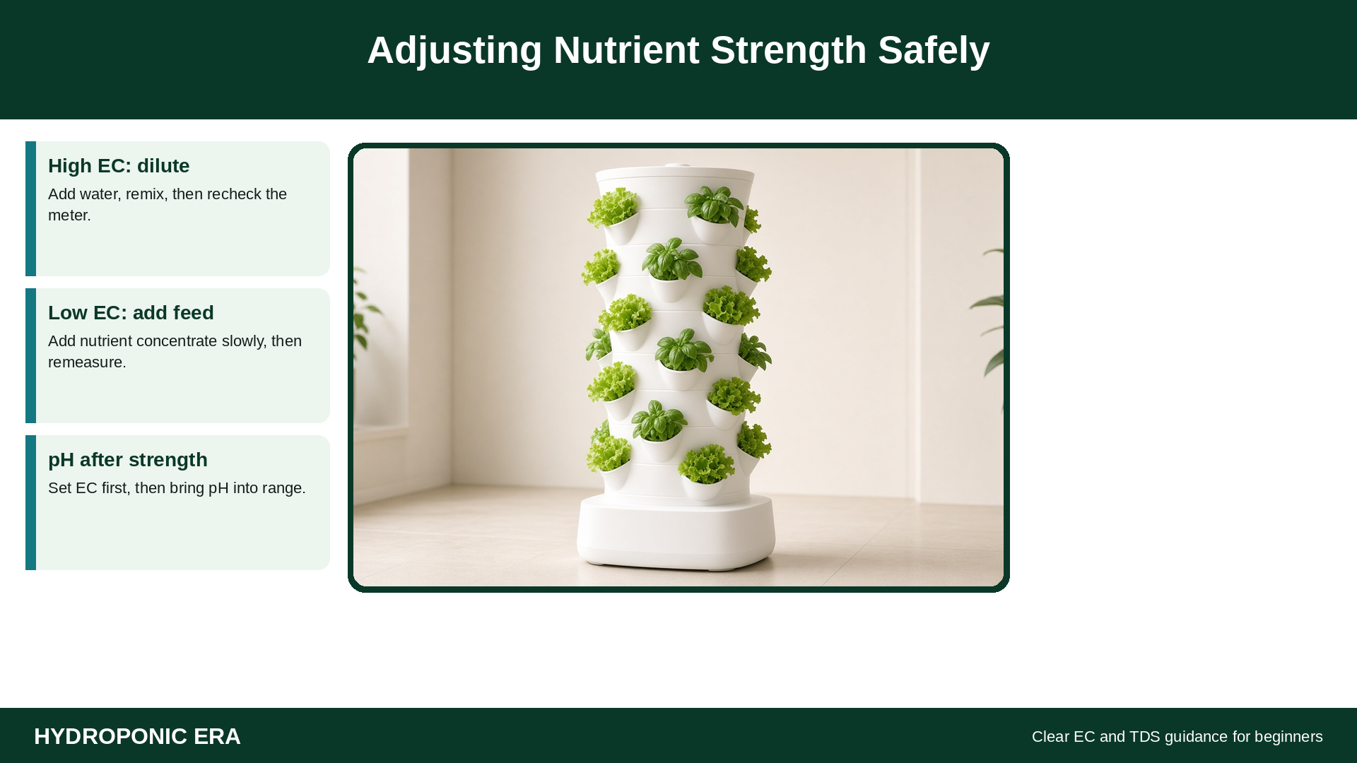 Vertical hydroponic tower with tips for diluting or raising EC safely