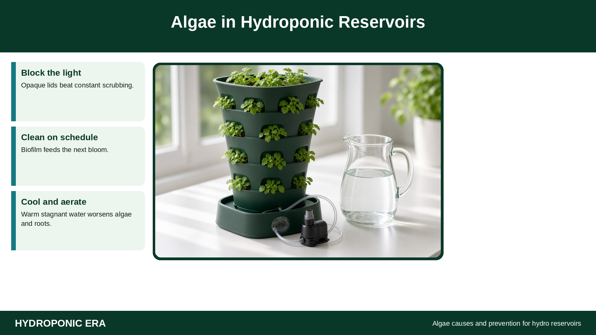 Hydroponic reservoir tip cards on algae causes and prevention