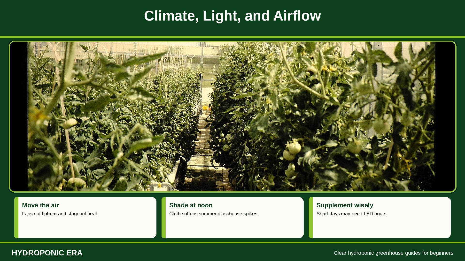 Climate light and airflow in a hydroponic greenhouse for leafy greens