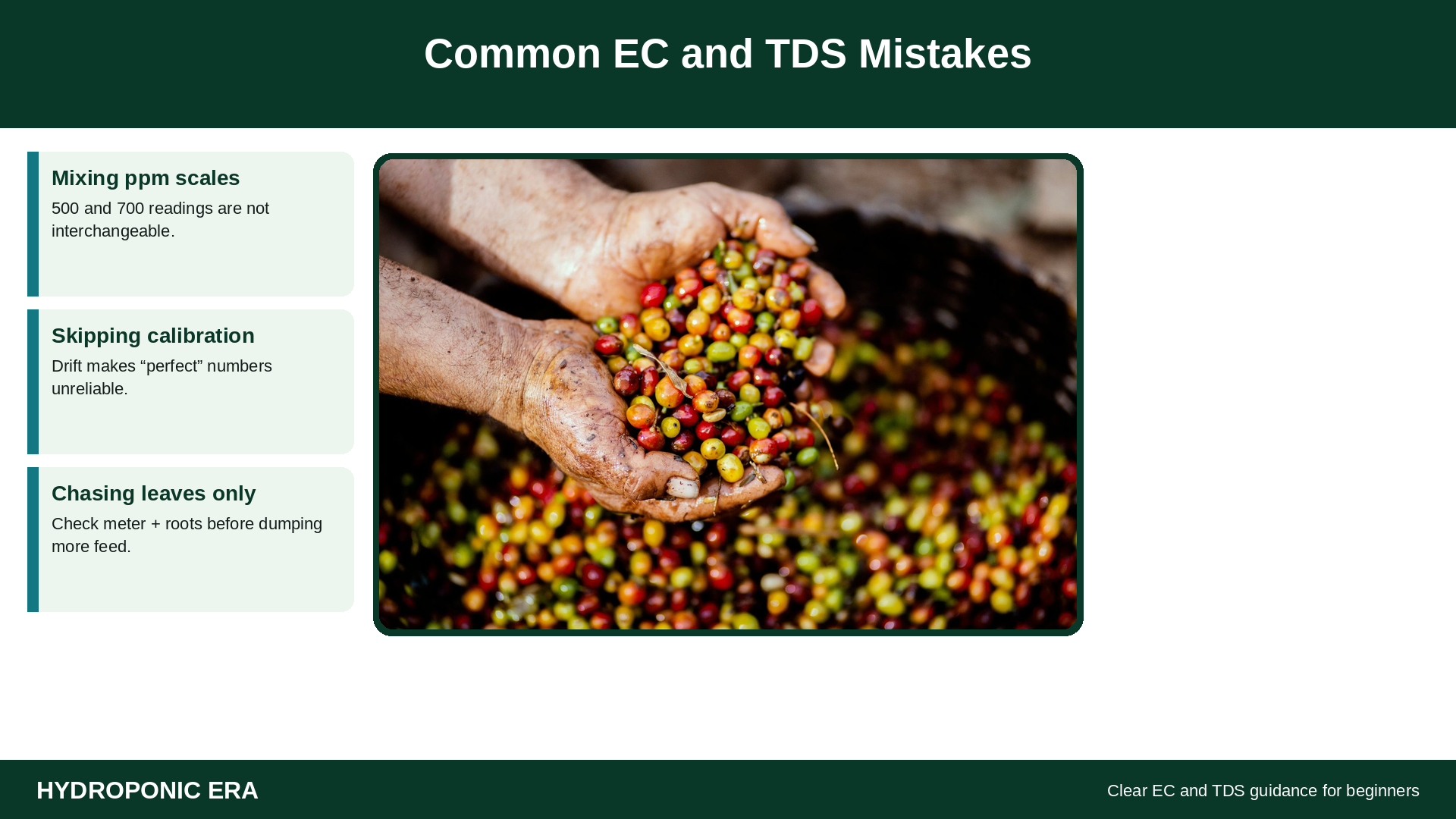 Stressed yellowing leaves with tip cards on common EC and TDS mistakes