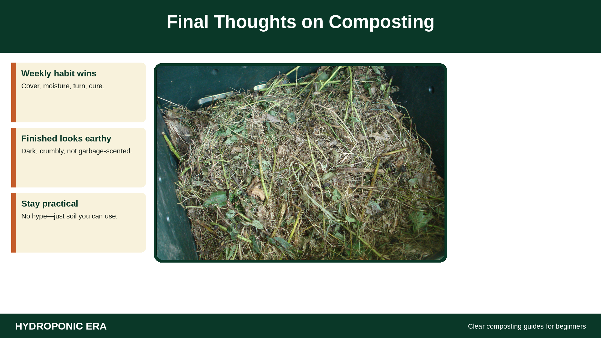 Final thoughts on composting for beginners with a finished compost pile