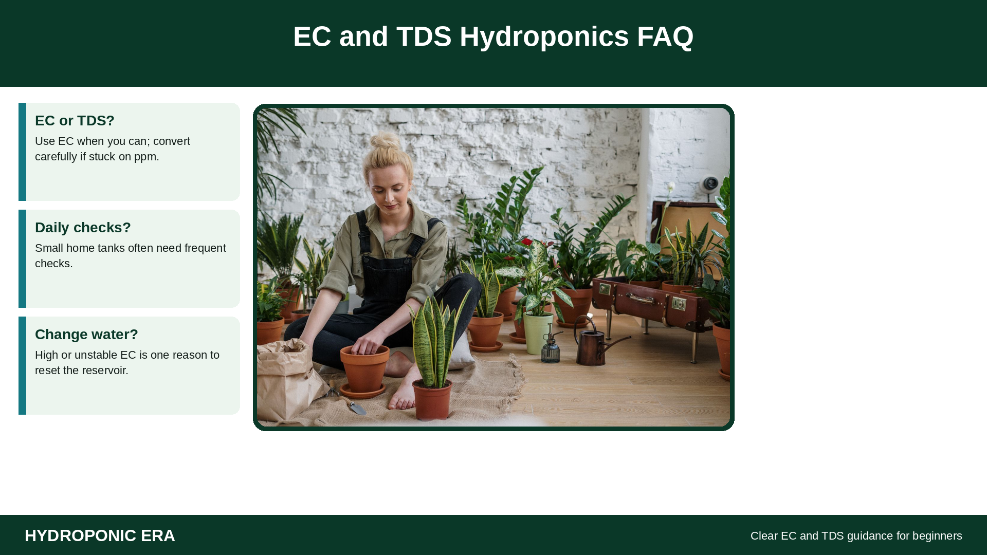 Basil plant with FAQ tip cards about hydroponic EC and TDS