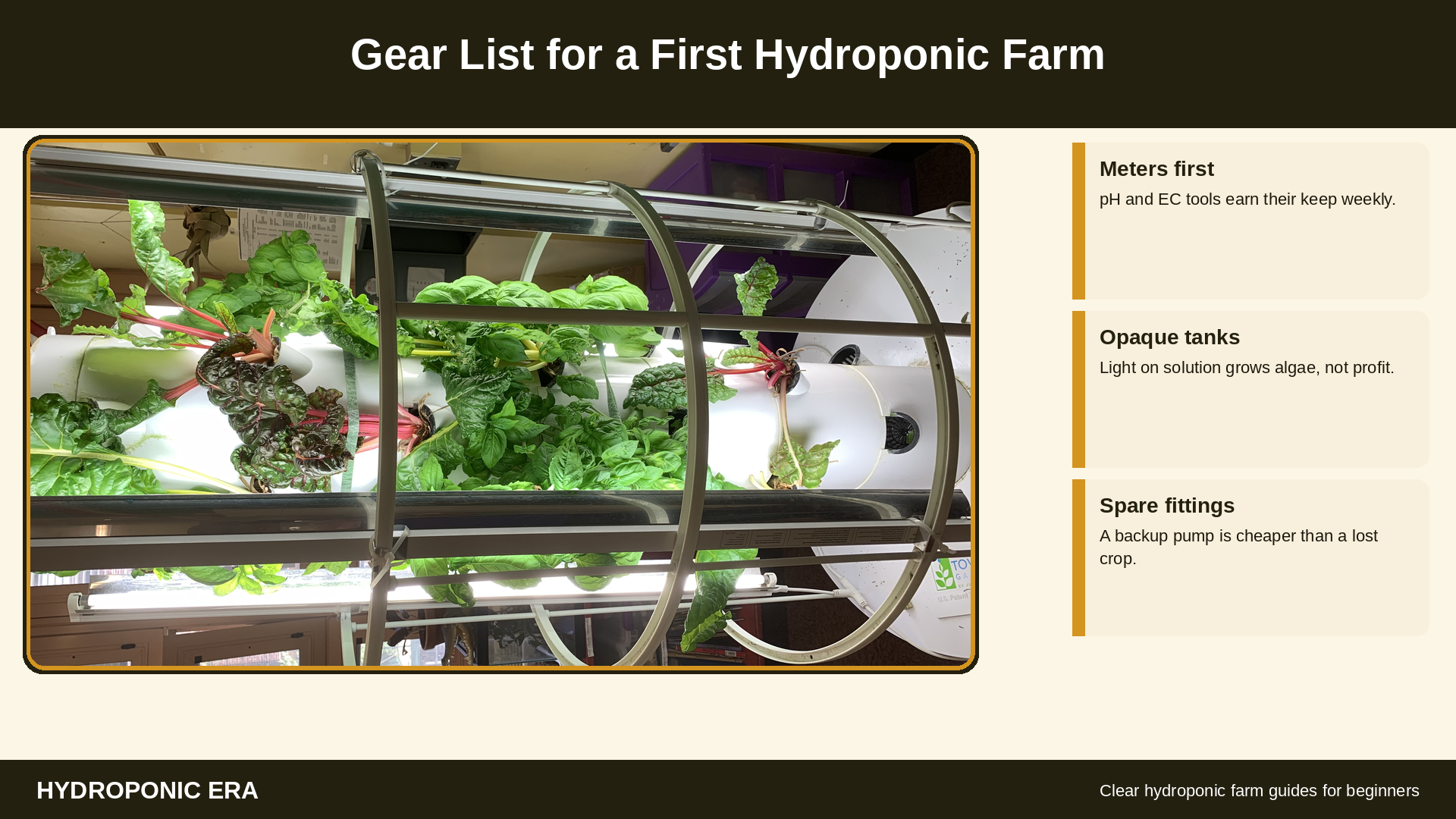 Gear list for a first hydroponic farm: tower, meters, and a simple loop