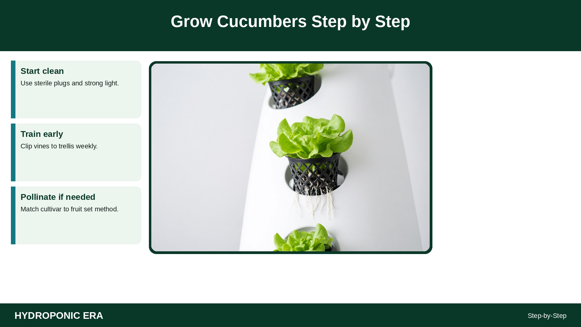 Grow Cucumbers Step by Step — HydroponicEra tip card graphic