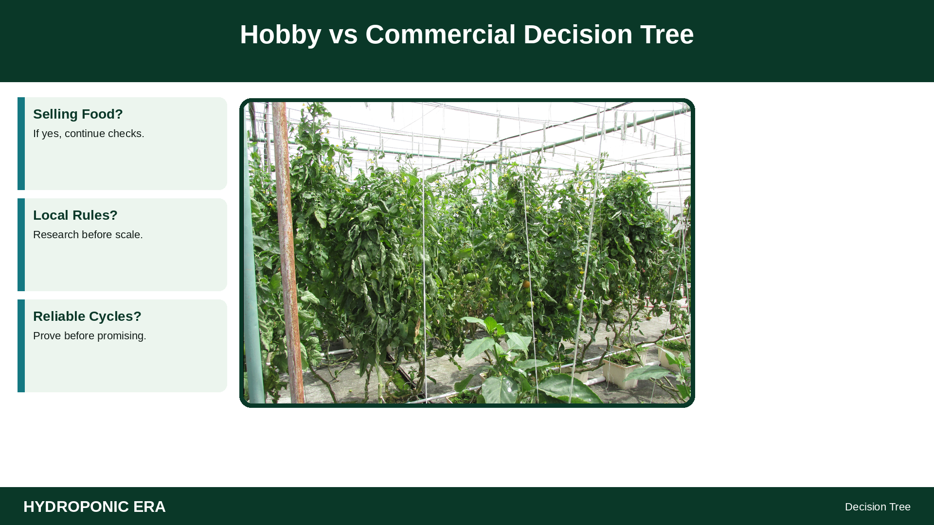 Hobby vs Commercial Decision Tree — HydroponicEra tip card graphic
