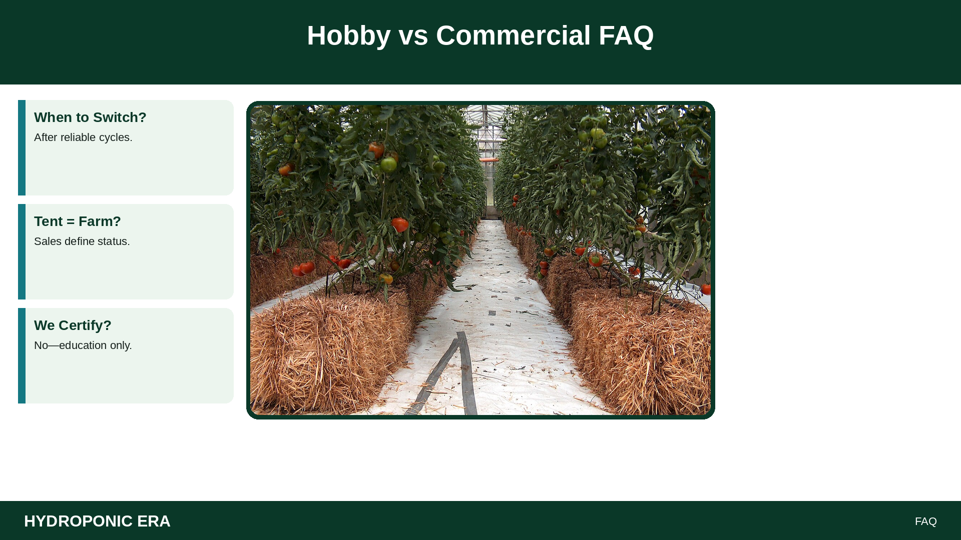 Hobby vs Commercial FAQ — HydroponicEra tip card graphic