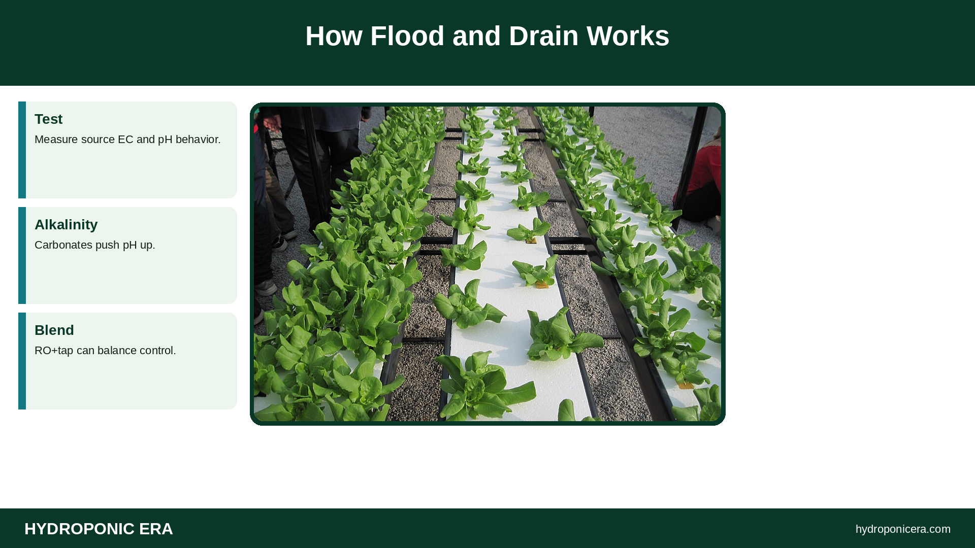 How Flood and Drain Works — HydroponicEra tip card graphic