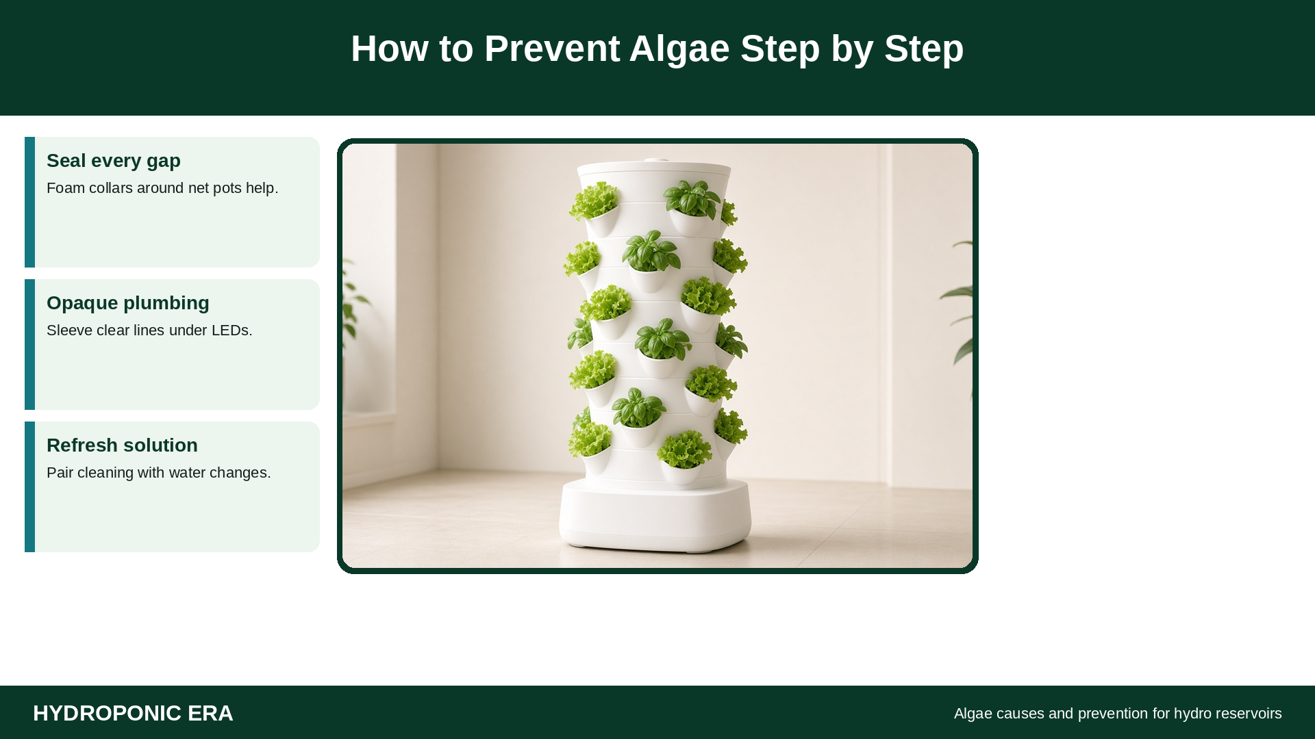 Vertical hydroponic tower with algae prevention tip cards