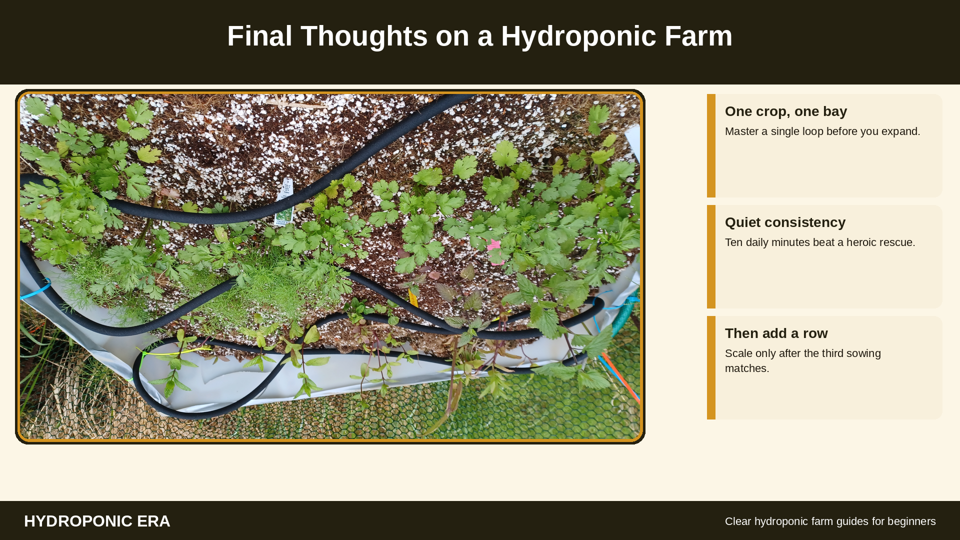 Final thoughts on a hydroponic farm: start small and repeat one crop