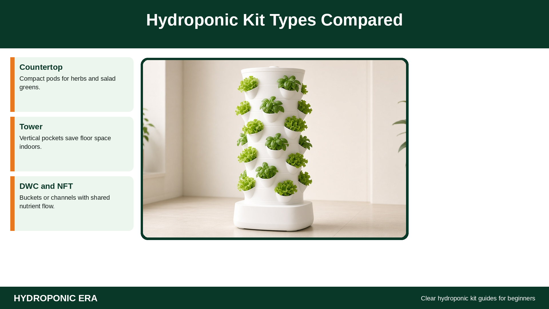 Hydroponic kit types: countertop, tower, DWC, and NFT