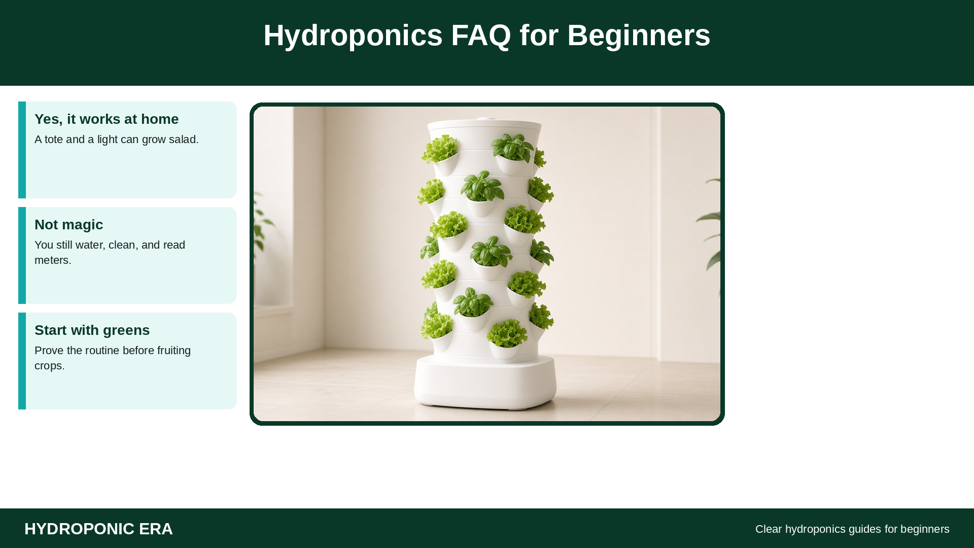 Hydroponics FAQ for beginners with a home tower of leafy greens