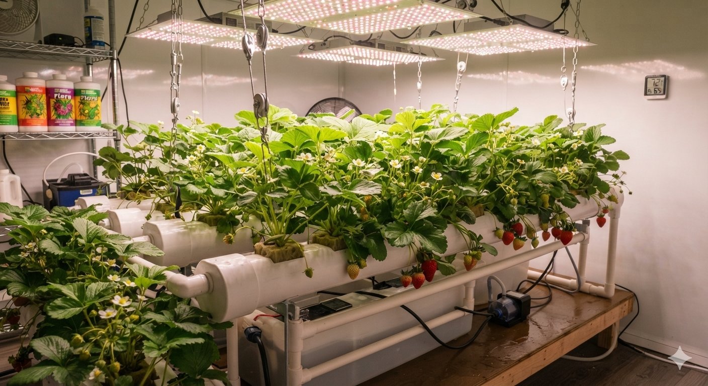 LED grow lights for strawberries grown hydroponically indoors