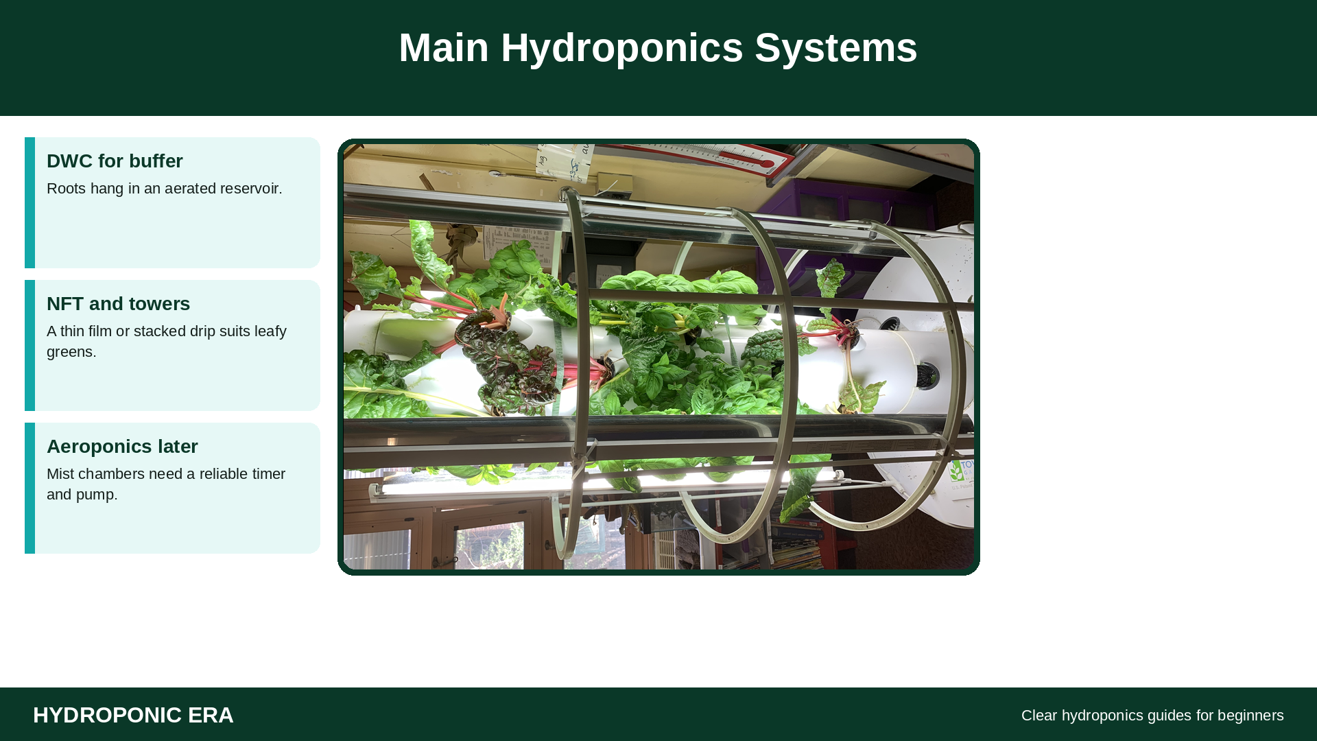 Main hydroponics systems: indoor tower with chard and basil