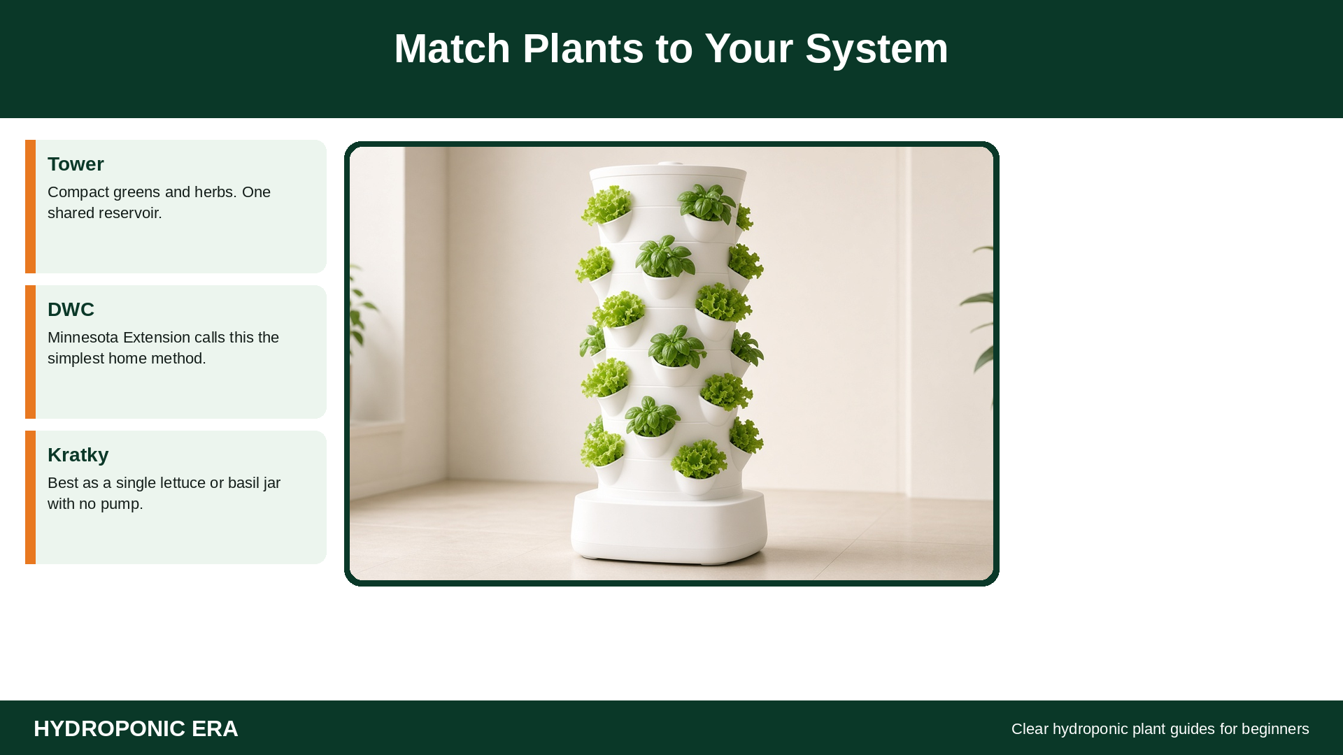 Match the best plants for hydroponics to a tower, DWC, or Kratky