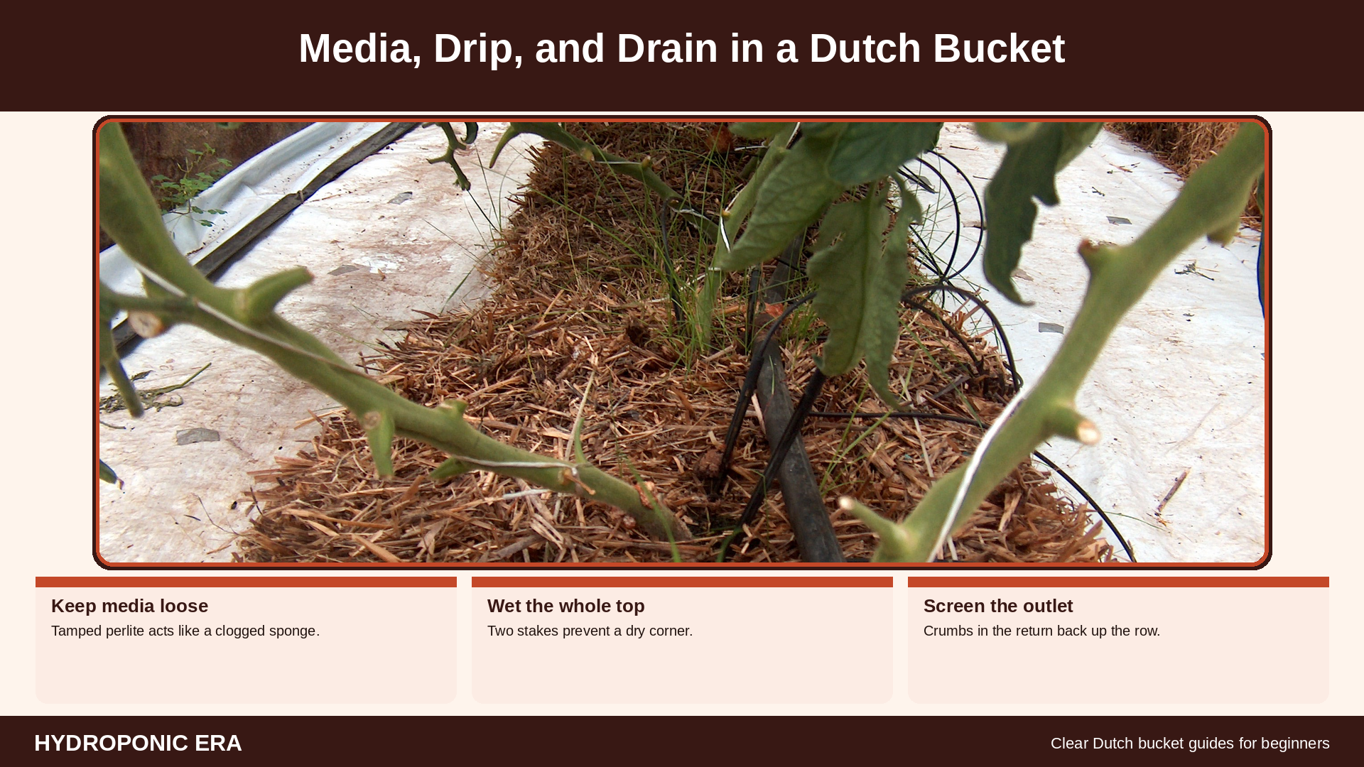 Media drip and drain in a dutch bucket with perlite and return line