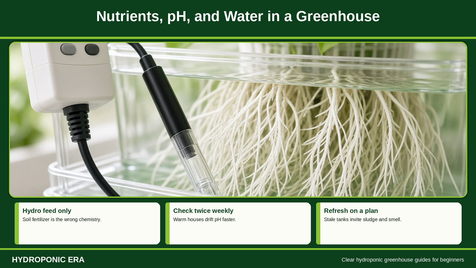 Nutrients pH and water in a hydroponic greenhouse with meters and opaque tanks