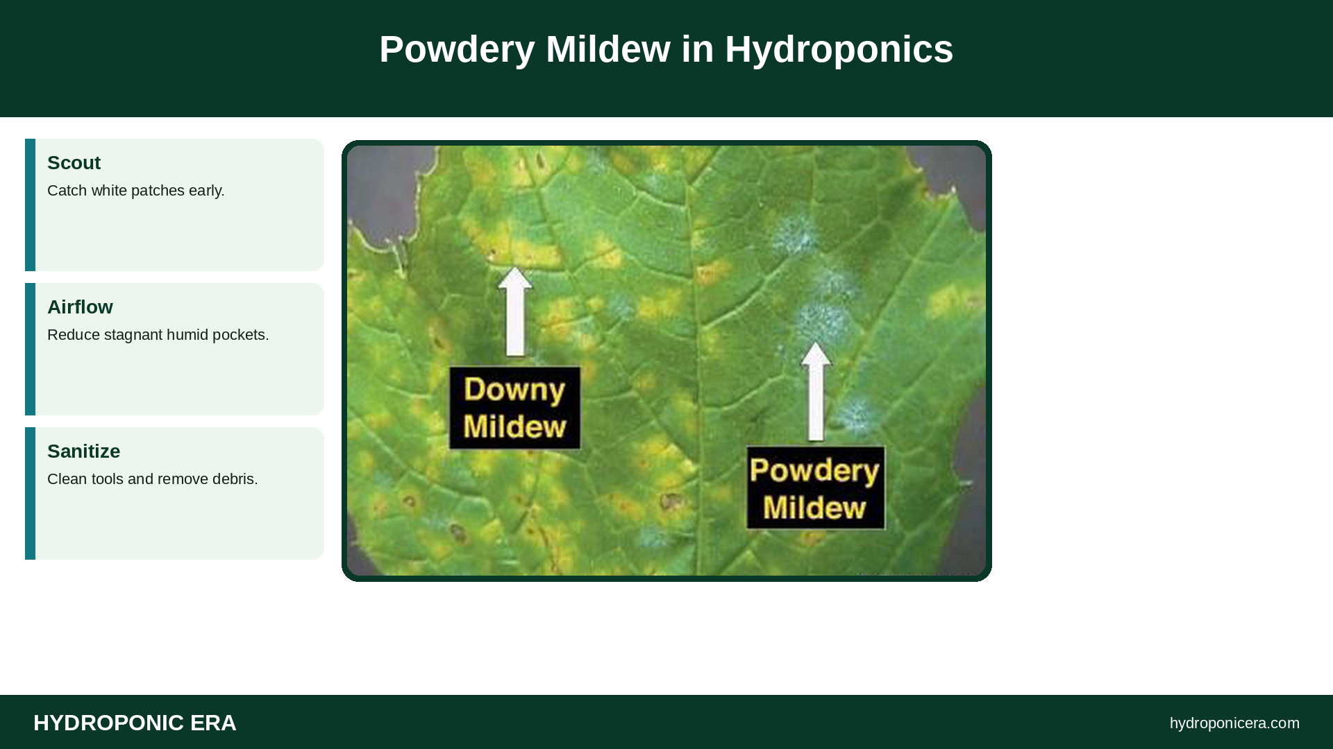 Powdery Mildew in Hydroponics — HydroponicEra tip card graphic