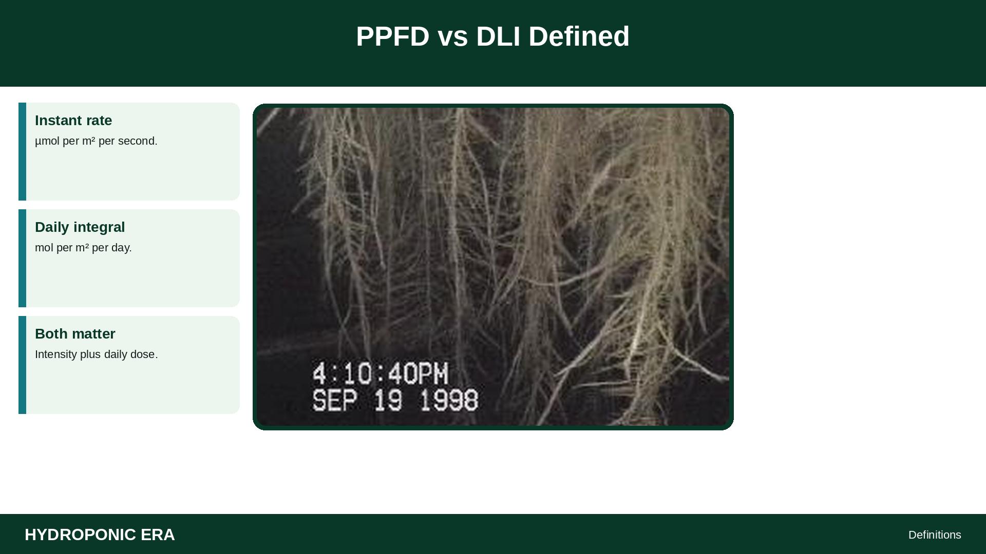 PPFD vs DLI Defined — HydroponicEra tip card graphic