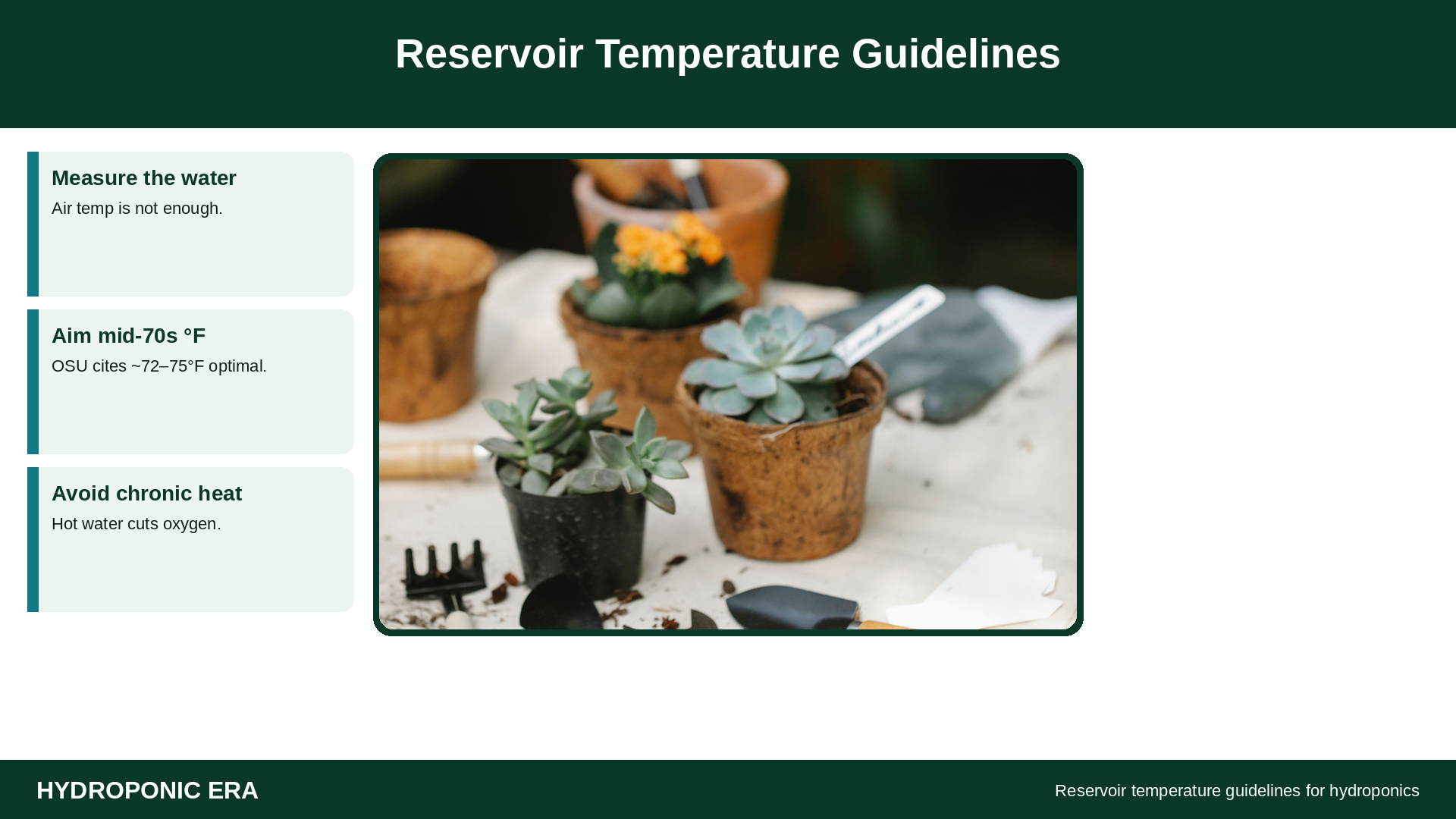 Greenhouse hydroponics with reservoir temperature guideline tip cards