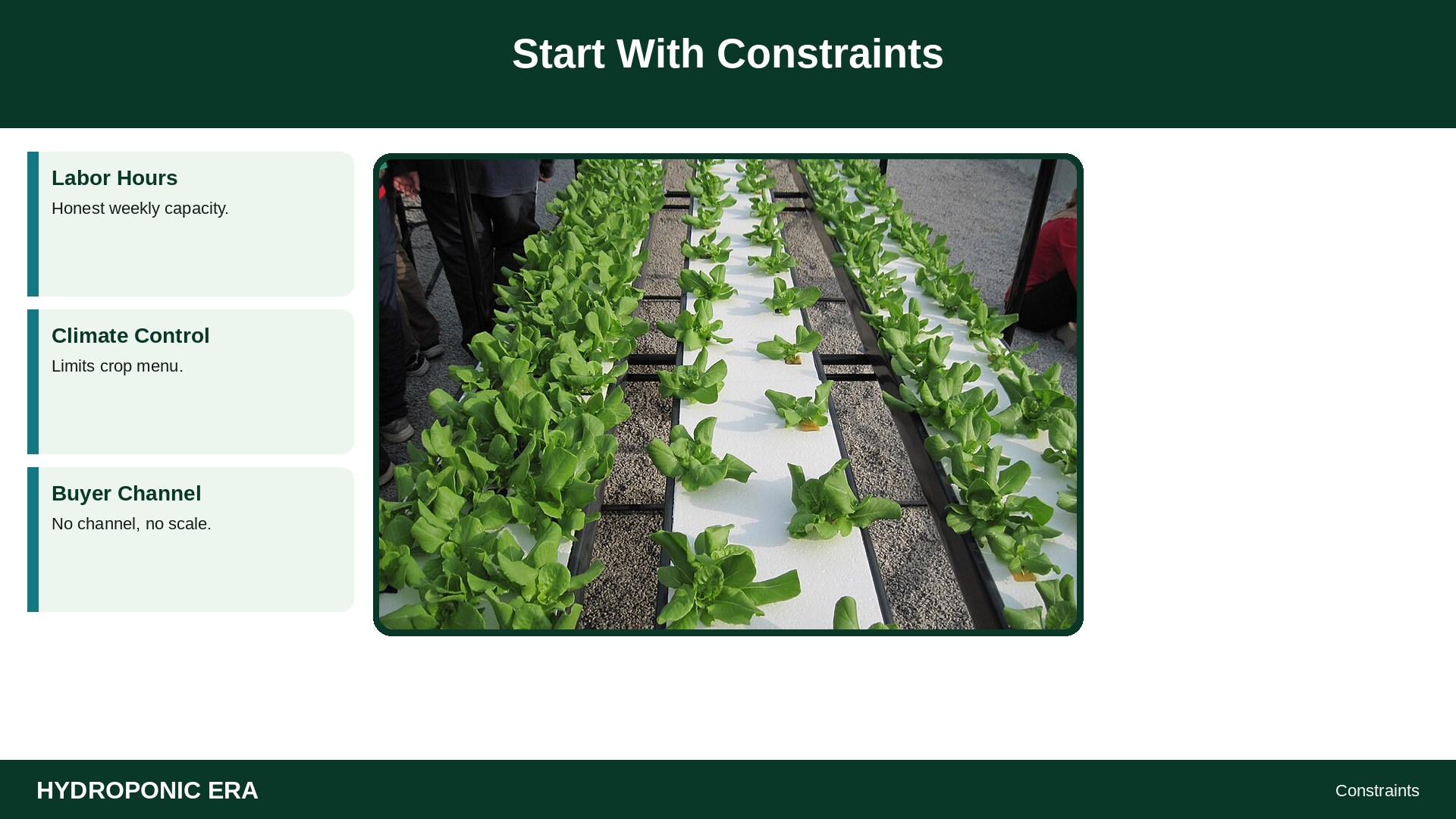Start With Constraints — HydroponicEra tip card graphic