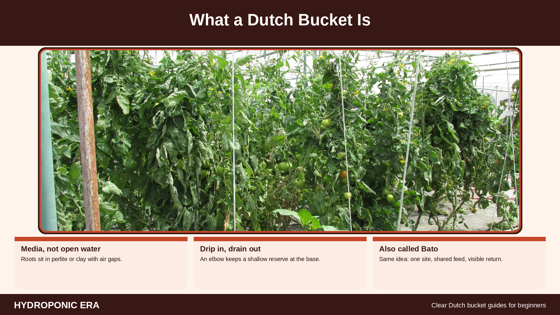 What a dutch bucket is: one plant in media with drip and drain