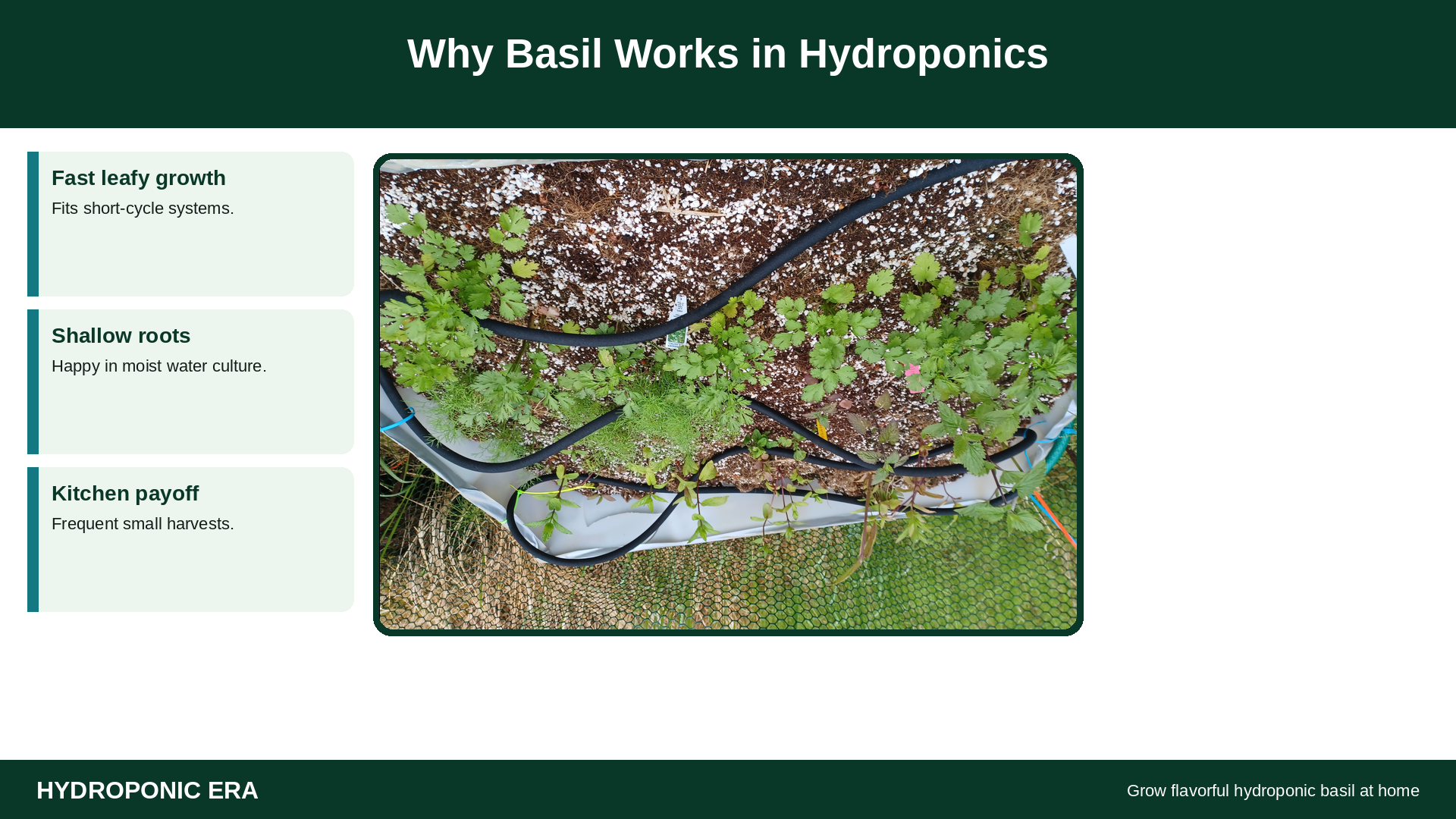 Herb photo with tip cards on why basil suits hydroponics