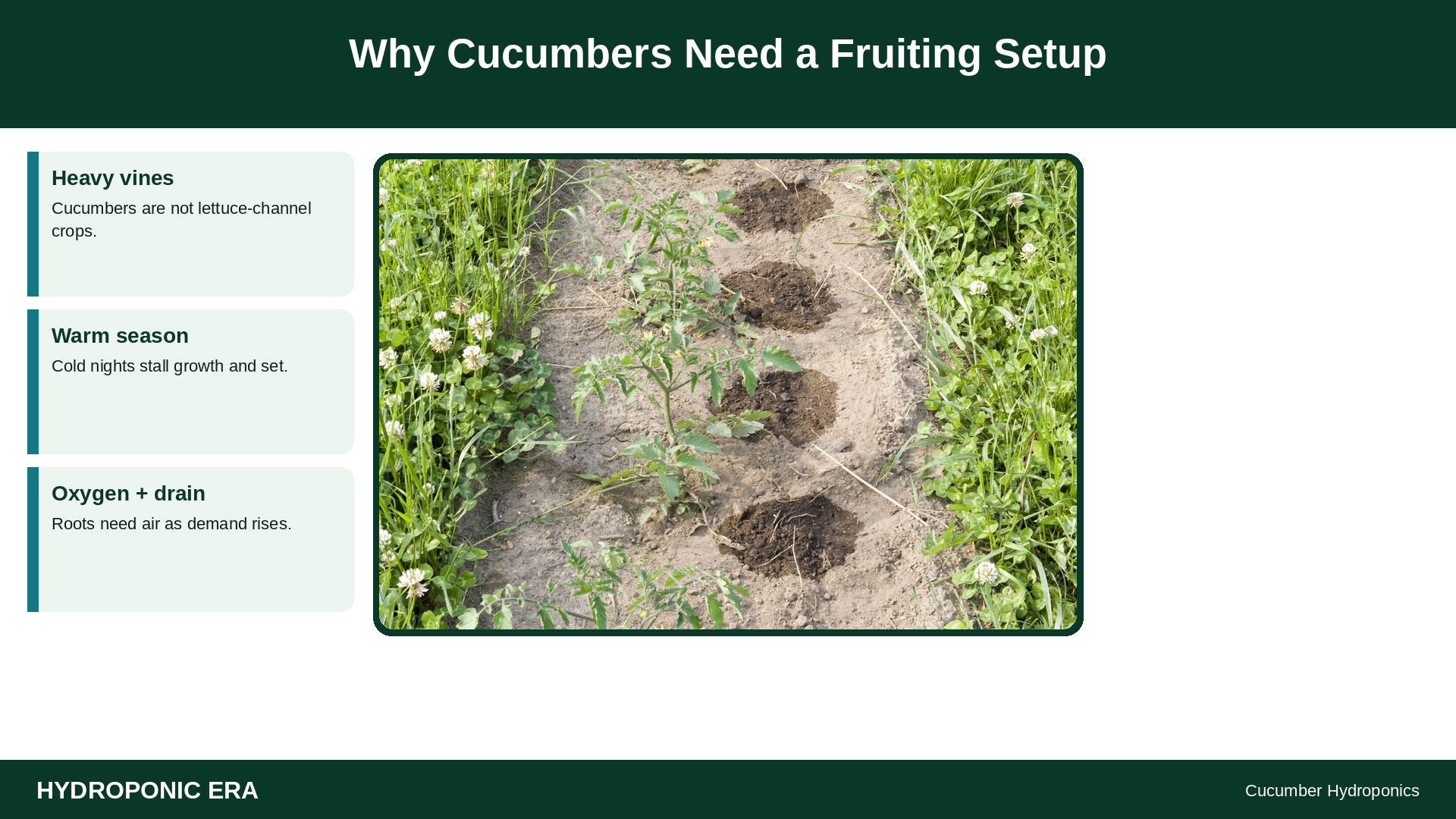 Why Cucumbers Need a Fruiting Setup — HydroponicEra tip card graphic