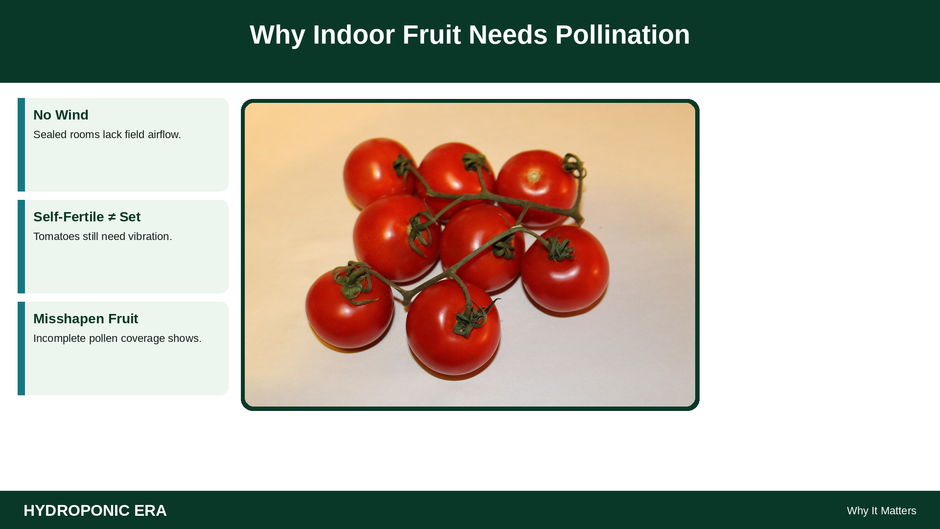 Why Indoor Fruit Needs Pollination — HydroponicEra tip card graphic