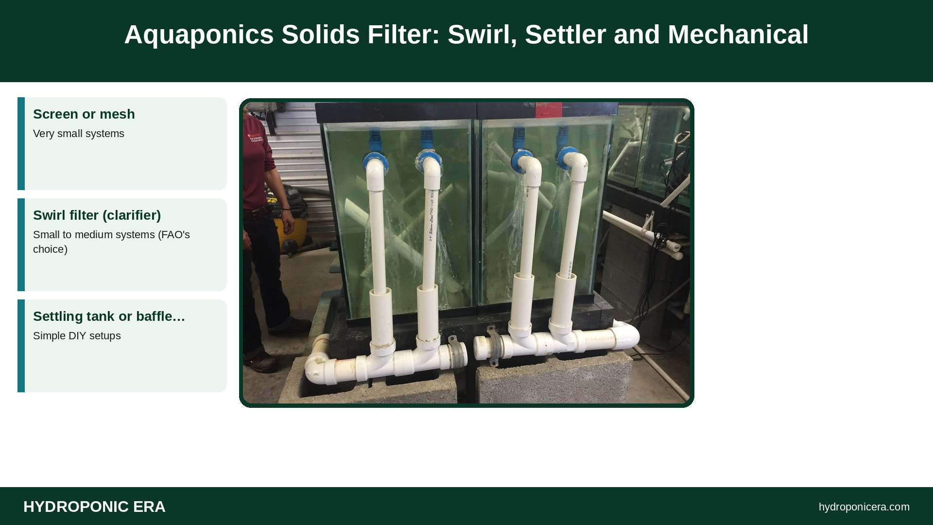 aquaponics solids filter — Aquaponics Solids Filter: Swirl, Settler and Mechanical