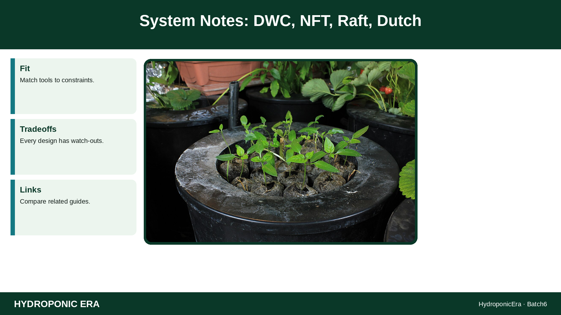 System Notes: DWC, NFT, Raft, Dutch — HydroponicEra tip card graphic