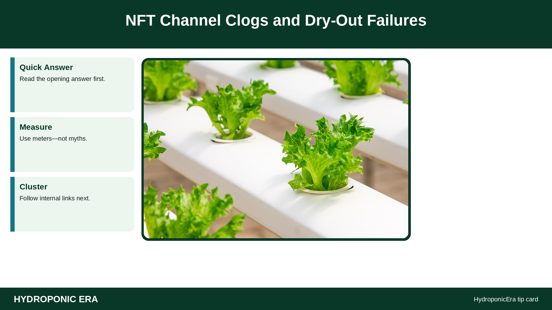 NFT Channel Clogs and Dry-Out Failures — HydroponicEra tip card graphic