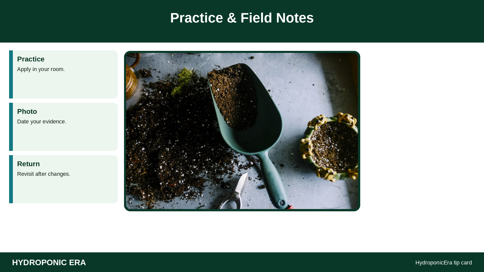 Practice & Field Notes — HydroponicEra tip card graphic