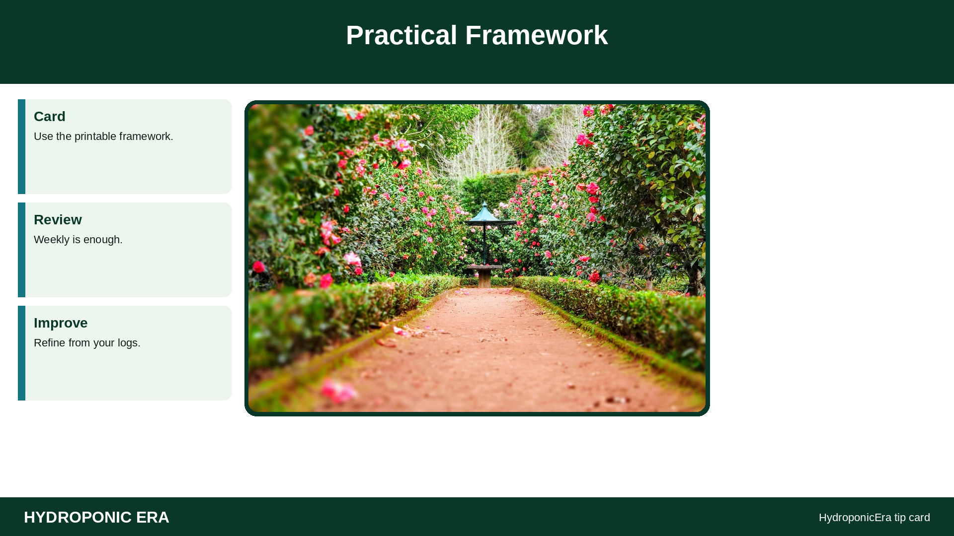 Practical Framework — HydroponicEra tip card graphic