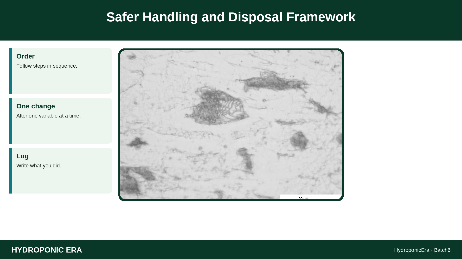 Safer Handling and Disposal Framework — HydroponicEra tip card graphic