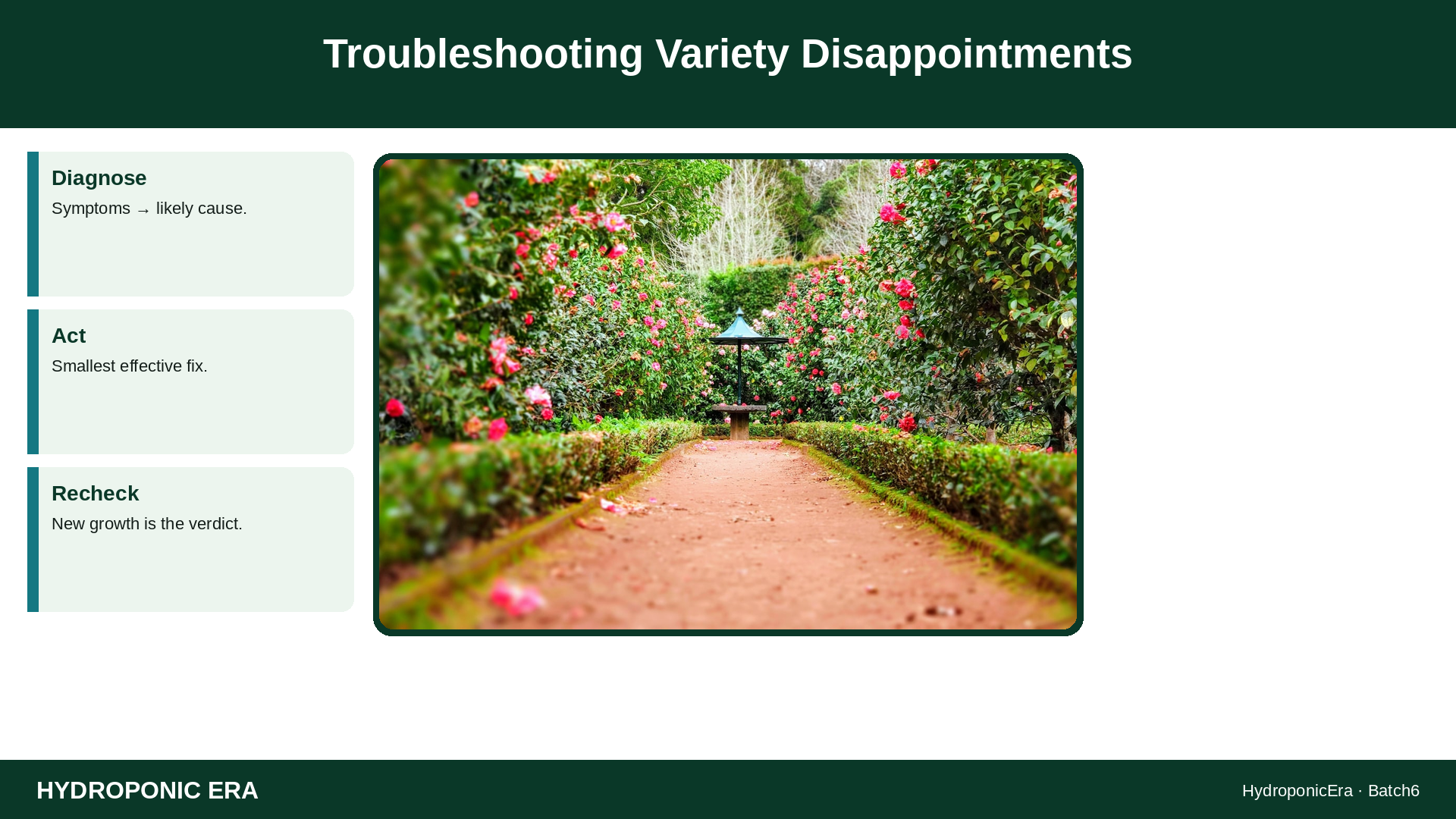 Troubleshooting Variety Disappointments — HydroponicEra tip card graphic