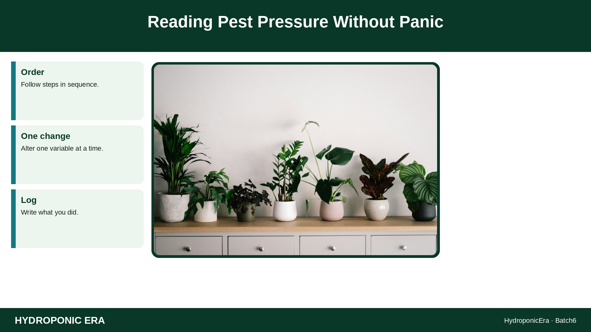 Reading Pest Pressure Without Panic — HydroponicEra tip card graphic