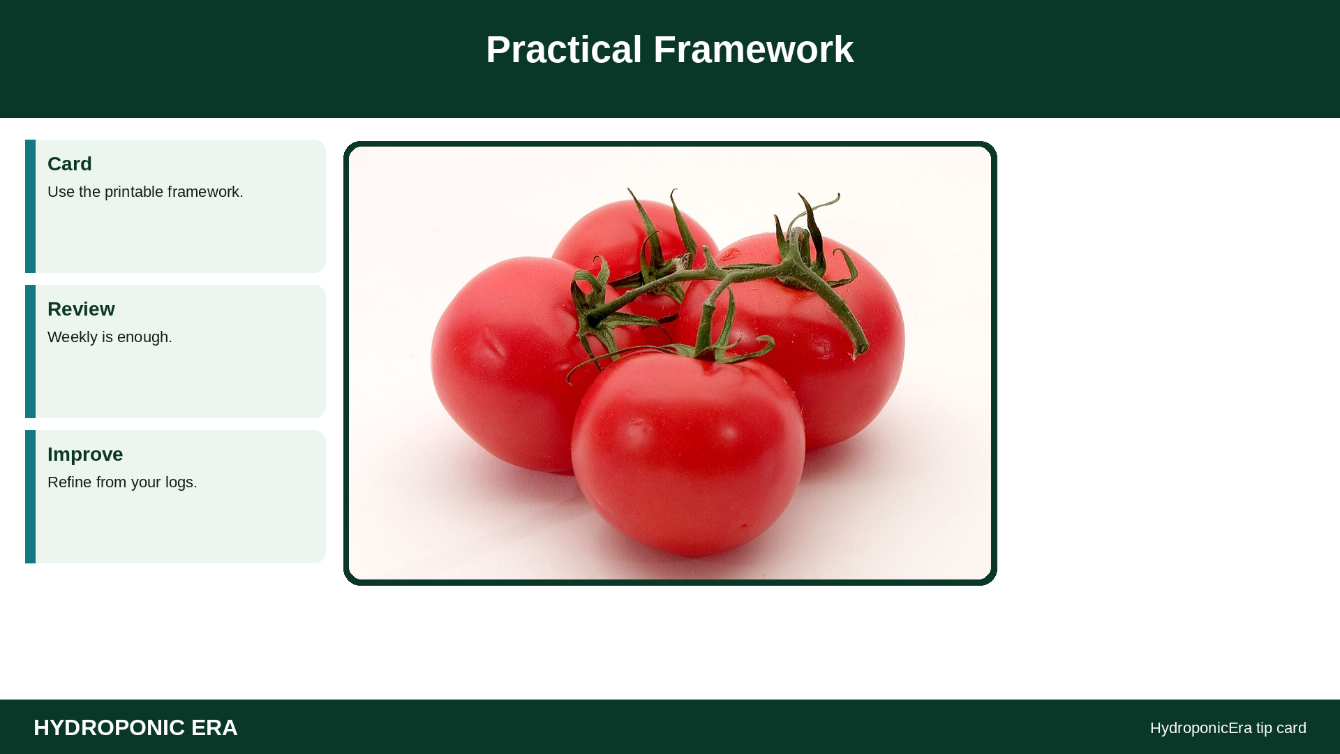 Practical Framework — HydroponicEra tip card graphic