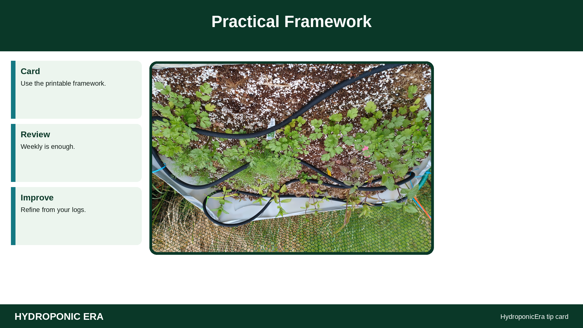 Practical Framework — HydroponicEra tip card graphic